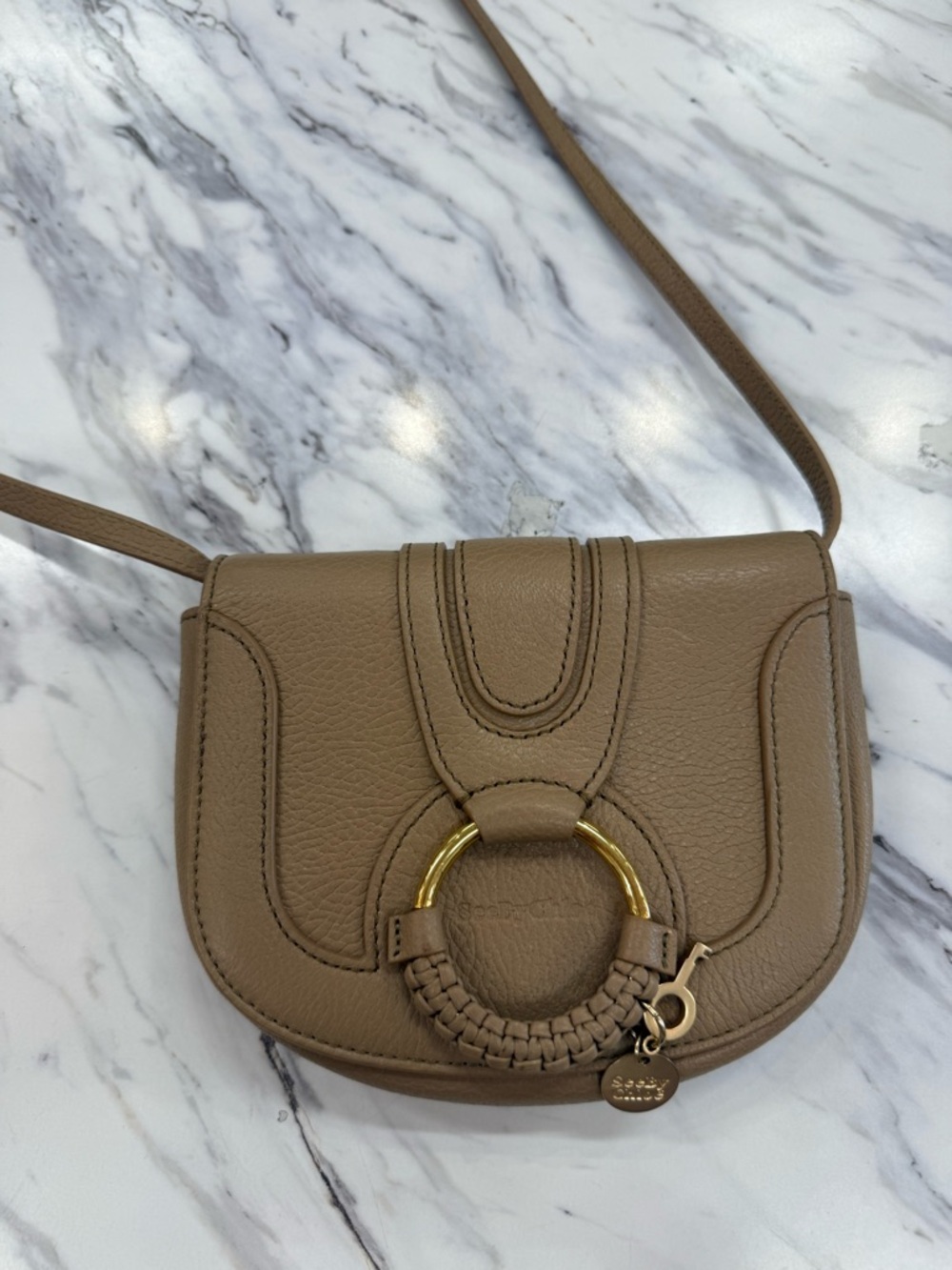Chloe -Taupe Leather Crossbody Saddle Bag with Gold Ring Accent